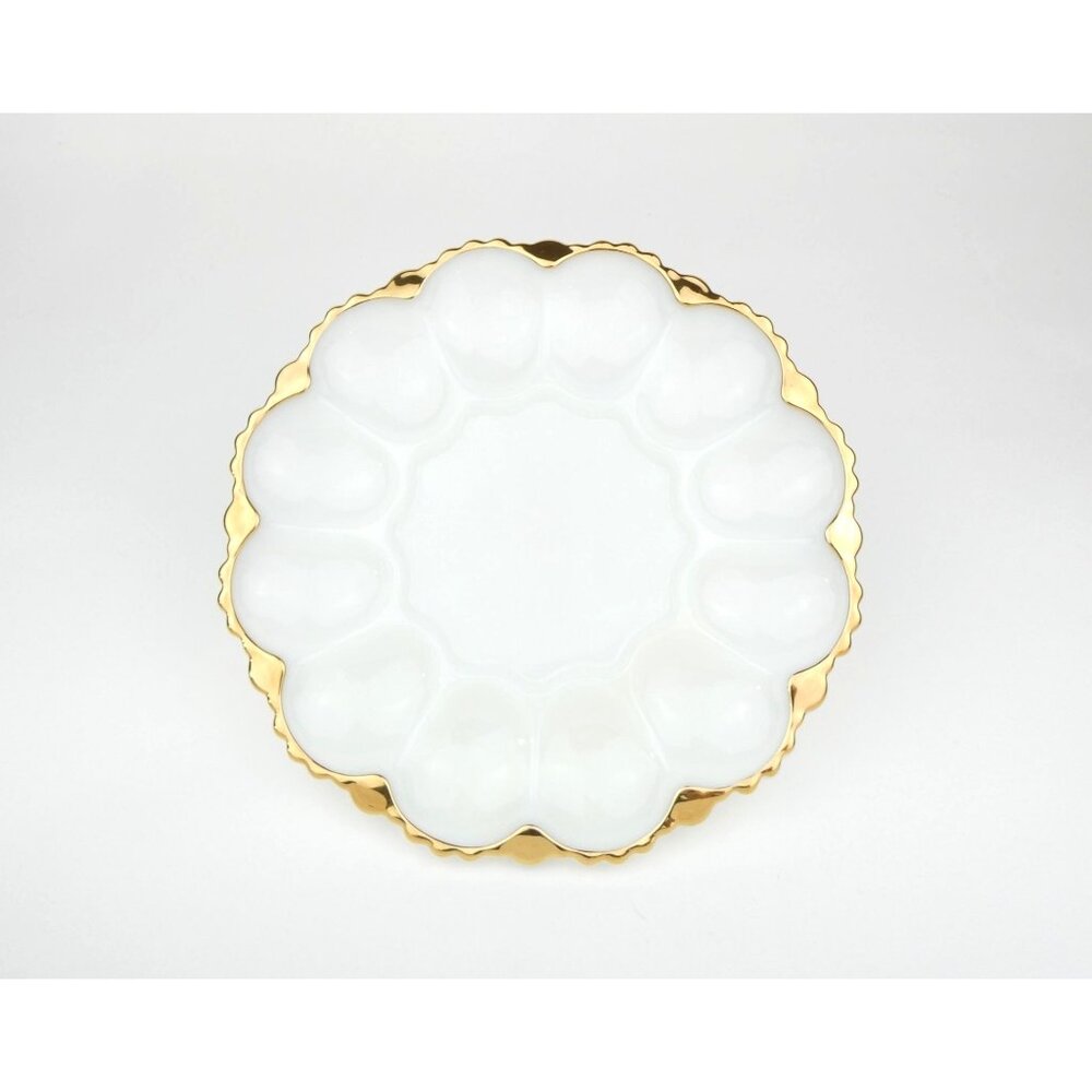 Vintage Anchor Hocking Milk Glass Deviled Egg Plate With Gold Trim
